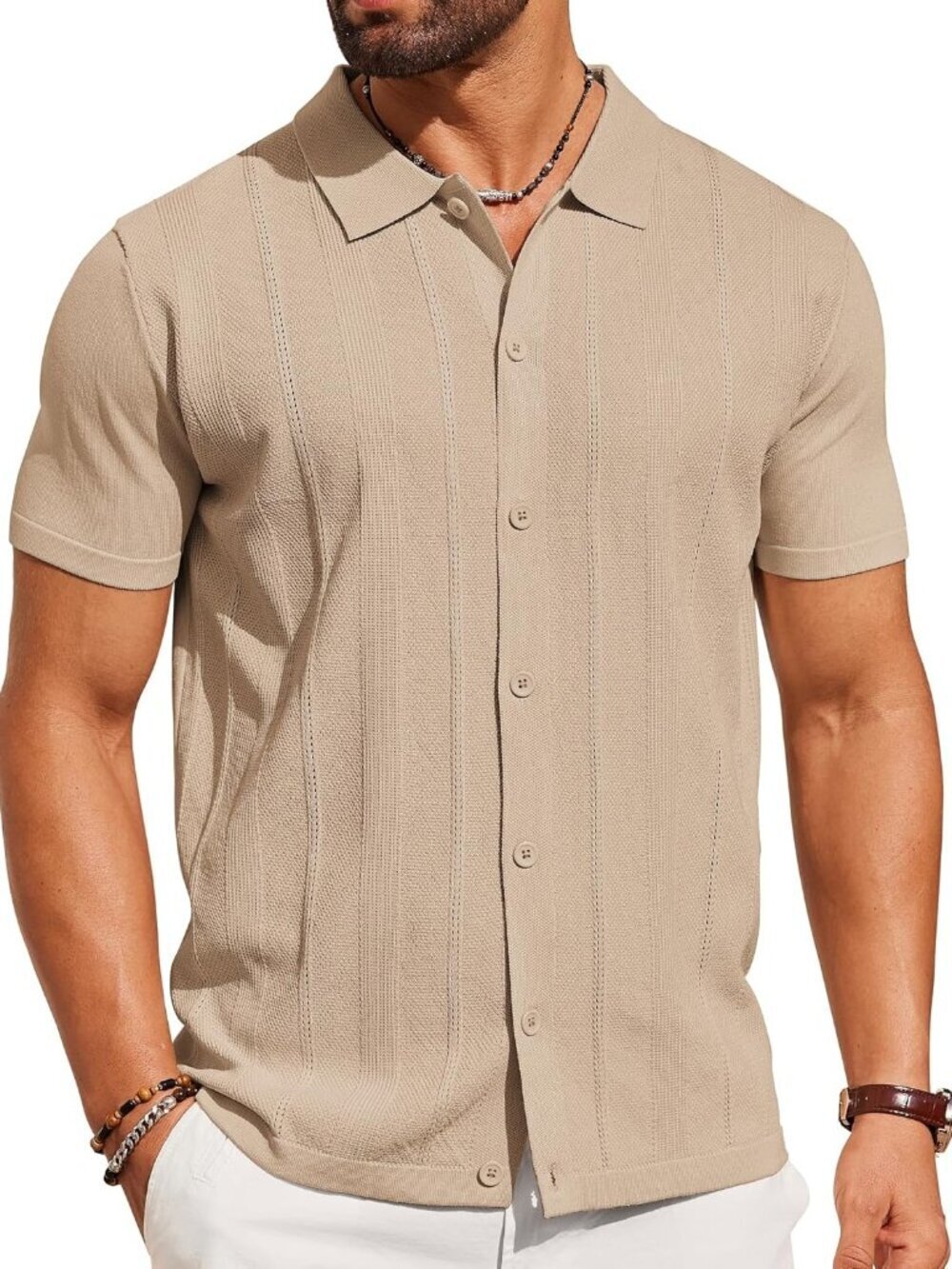 Men's Khaki Knit Short Sleeve Button Down Polo premium lightweight Shirt